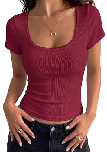 PRETTYGARDEN Women's Short Sleeve Tops 2026 Summer Lace Trim Square Neck Slim Fitted Going Out Basic Tee Shirts Y2K Clothes (Burgundy,Small) - Image 1