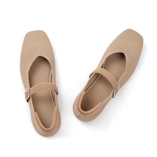 CELNEPHO Brown Mary Jane Flats for Women Square Toe Ballet Flats Shoes Comfortable Dressy Knit Flats for Women Arch Support Slip On Washable Casual Office Shoes Black Size - Thumbnail 5
