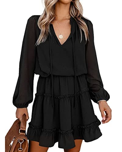 BTFBM Long Sleeve Summer Dresses for Women 2026 Casual Tie Neck Ruffle Tiered A Line Mini Spring Wedding Guest Dress(Dot Black, Large) - Image 1