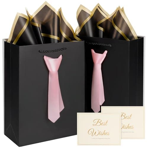 ALFEVA fathers day gift bags Graduation black gift bags with Handles and tie,2 Pcs mini gift bags with 2 Tissue Paper and 2 cards for Men Boys Birthday Party Wedding Gifts,(Small black/pink) - Image 1