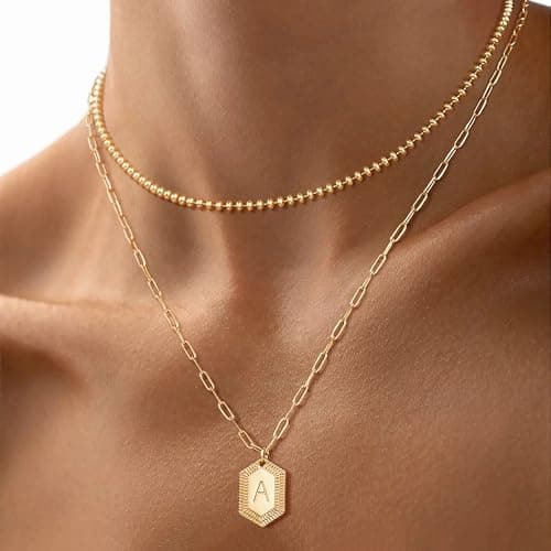 LOYATA Layered Gold Necklaces for Women，Initial Pendant Necklace for Women Tiny Beaded Necklace Chain Hexagon Dainty Letter Necklace Gold Trendy Jewelry for Women - Thumbnail 2