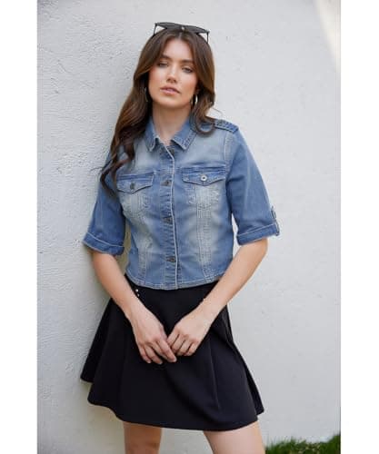 J.Corrine Women's Short Sleeve Stretch Denim Jacket Retro Button Down Cropped Trucker Jean Jackets Dark Blue L - Thumbnail 4