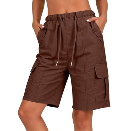 Drindf Bermuda Shorts for Women Knee Length, Cargo Shorts Women Baggy with Button Detail and Pockets, Hiking Short Pants for Summer Fall,Outdoor,Camping,Streetwear,Brown S