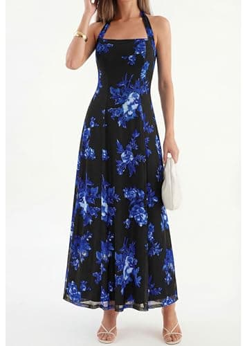 KIRUNDO Women's Summer Sleeveless Halter Floral Maxi Dress 2026 Beach Wedding Guest Cocktail Mesh Flowy A Line Long Sundress(Black, X-Large) - Thumbnail 5