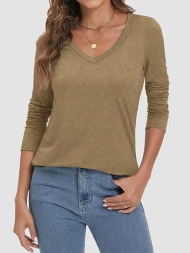 ATHMILE Womens 2026 Fall Long Sleeve Shirts Basic Apparel Shirts Trendy V Neck Tshirt for Women Plus Size Curved Hem Tops - Thumbnail 2