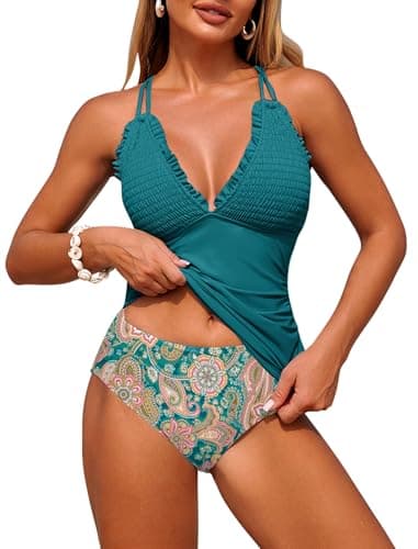 ZAFUL Womens Tankini Bathing Suits Modest Two Piece Swimsuit Smocked Push Up Slimming Tankinis with High Waisted Full Coverage Bottom Adjustable Straps Ruched Tummy Control Swimwear Peacock Green L