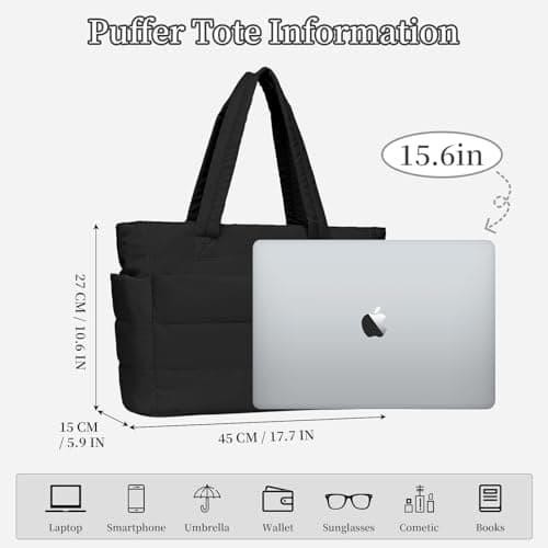 JHhomezeit Puffer Tote Bag for Women-Large Work Tote Bags Quilted Lightweight Puffy Bags Shoulder Bag with Laptop Compartment Black - Thumbnail 3