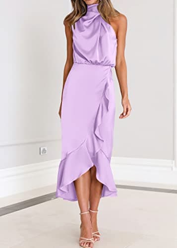 KIRUNDO Women 2026 Spring Summer Satin Mock Neck Wedding Guest Party Cocktail Midi Dress Sleeveless Wrap Ruffle Formal Dress(Purple, XX-Large) - Thumbnail 3