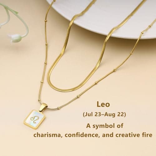 LETFLY Leo Zodiac Necklace for Women, 18K Gold Plated Natural Shell Astrology Pendant, Double Layered Snake Chain Personalized Celestial Jewelry, Birthday Gifts for Women - Thumbnail 5