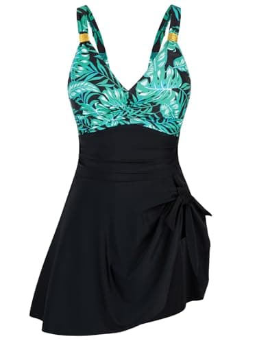 HUSKARY Bathing Suits for Women 2026 Plus Size One Piece Tummy Control Swimsuits Leaves Printed Tie Knot Swim Dress,3XL - Image 1