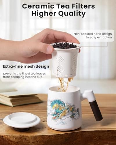 Foinly Ceramic Tea Cup with Infuser and Lid, 13.5 oz Tea Mug for Loose Leaf Tea,Wood Handle,Chinese Dragon Design,All Porcelain Strainer,BPA-Free, Perfect for Tea Lovers/Birthday/Mother's Day (White） - Thumbnail 2