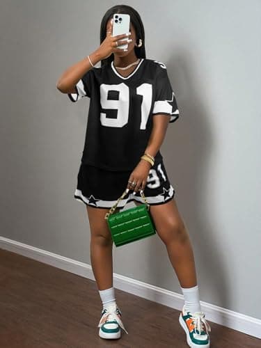 KIMSOONG Jersey Shirts for Women Shorts 2 Piece Sets Going Out Number Graphic V Neck Y2K Streetwear Tee and Short Pants Suits - Thumbnail 6