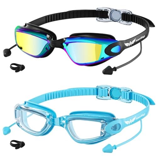 AzureWings Swim Goggles - 2 Pack Swimming Goggles for Adult Men Women No Leak Anti-Fog & UV, Wide Visio HD Mirror PC Lens (Light blue-Gold) - Image 1