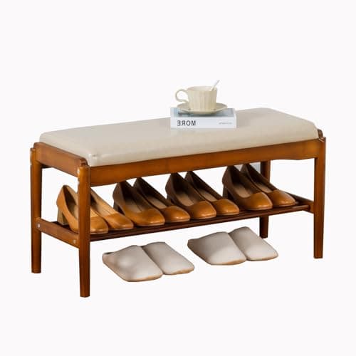 latifolia Small Shoe Bench, Solid Wood Bench with Cushion, 2 Tier Shoe Storage Organizer for Entryway(Walnut,31.50''L) - Image 1