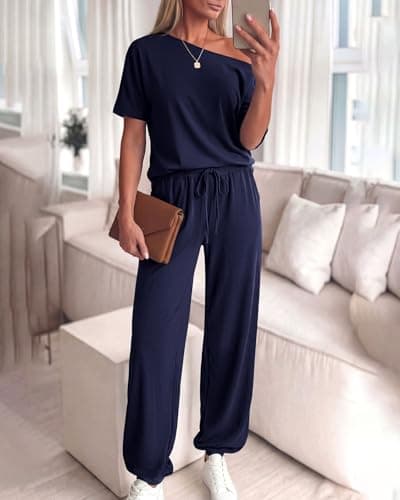 Zenlonr Women Summer 2 Piece Outfits 2026 Off Shoulder Short Sleeve Tops Elastic Waist Drawstring Long Pants Tracksuit(Navy,XX-Large) - Thumbnail 4