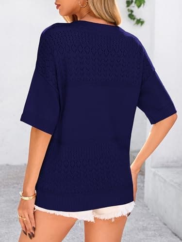 PRETTYGARDEN Women's Short Sleeve Sweater Tops 2026 Spring Summer Casual V Neck Ribbed Knit Trendy Eyelet Blouse T Shirts (Dark Royal Blue,Medium) - Thumbnail 2