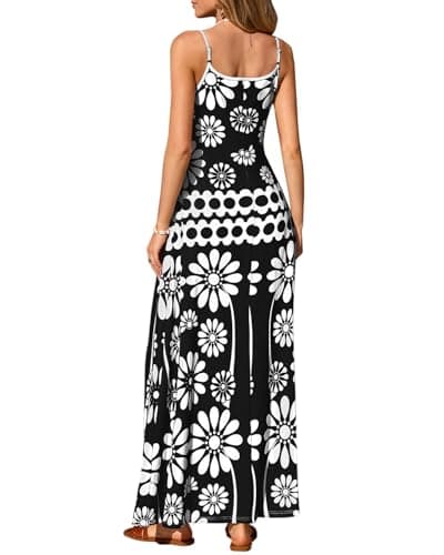 Zenlonr Womens Summer 2026 Wedding Guest Maxi Dresses Sphagetti Strap V Neck Floral Boho Long Dress Vacation(Black White Flower,X-Large) - Thumbnail 6