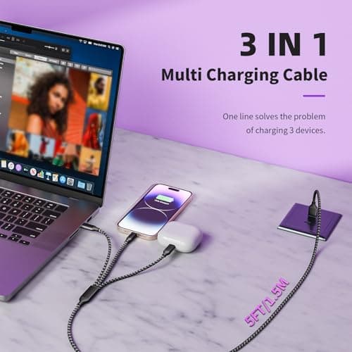 MPATIBY Multi Charging Cable,Dual Type-C Multiple Charger Cable,Nylon Braided 3 in 1 Multi USB Cable Charging Cord with IP/Type C Ports for Cell Phones/IP/Tablets/Galaxy & More-1Pack 5Ft - Thumbnail 3