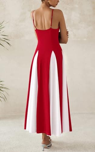 PRETTYGARDEN Spaghetti Strap Backless Spring Dresses for Women 2026 Flowy Maxi Dresses Sleeveless Wedding Guest Dress (Red White, X-Large) - Thumbnail 5