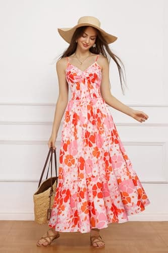 Women's Summer Casual Boho Dress Floral Print Ruffle Sleeveless High Waist Maxi Beach Dresses - Thumbnail 5