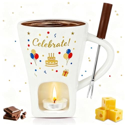 HANEVEAR Chocolate Fondue Mug, Mini Personal Chocolate Melting Mug with 2 Forks and 2 Tealights, Ceramic Fondue Cup for Cheese, Butter - Birthday Gift, Date Night & Wedding Celebrations (White)
