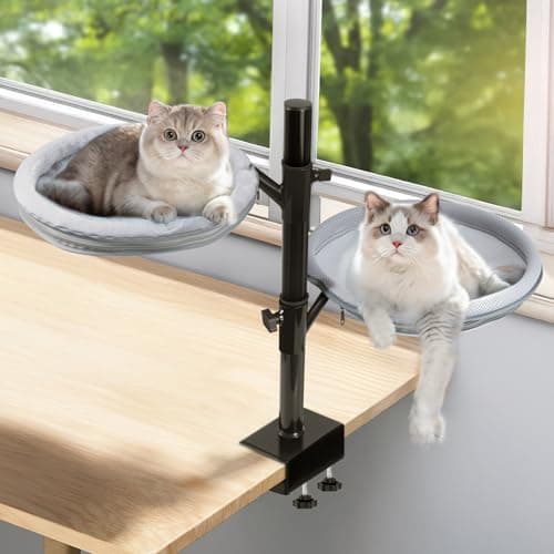 COMTAR Double Layer Large Cat Desk Bed, 360° Rotating & Adjustable Shelf, 15" Thickening Desk Mounted Cat Bed with 2 Perches Holds Up to 66lbs for Office/Home - Image 1