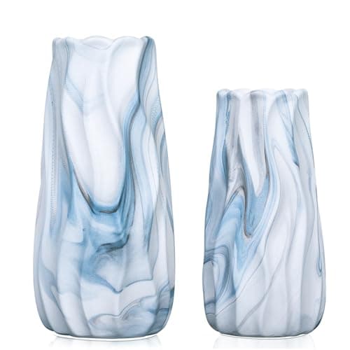 Blue and White Vase Set of 2, Light Blue Vases Home Decor, Decorative Pretty Unique Vases Vertical Stripe, Ceramic Coastal Decoration Modern Table Centerpiece for Dining Room - Image 1