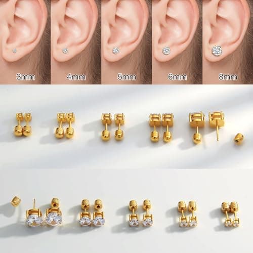 Hypoallergenic Threadless Flat Back Earrings,1 Pairs Cartilage Stud for Women Men Titanium Post 20G None Screw Easy Push in Gold Black Silver Stainless Steel Flatback with CZ 3-8mm (Gold Stud, 4mm) - Thumbnail 4