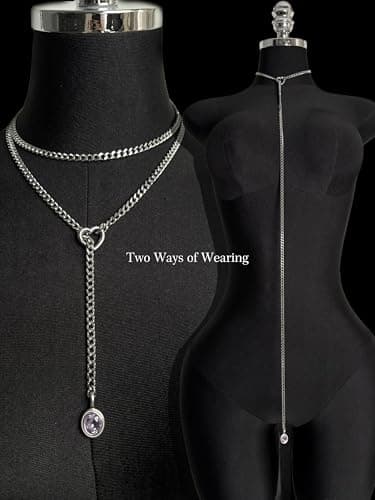 EverGlimp Heart Slip Chain Necklace for Women, 39 Inch Extra Long Cuban Chain, Removable Heart O-Ring, Crystal Pendant, Double Layer Adjustable Stainless Steel Y-Necklace, Statement Jewelry - Thumbnail 4