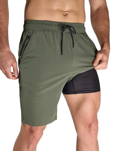 Arcweg Men's Swim Trunks with Compression Liner and Zipper Pockets Quick Dry 2XL Bathing Suit Board Swimming Shorts Army Green - Image 1