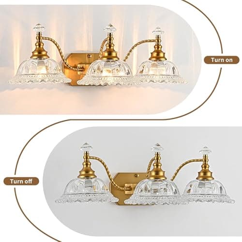 PUAMUBUA Vintage Bathroom Vanity Light Fixtures, 3-Light Brass Light Fixtures Over Mirror with Crystal Glass Flower Shade, Mid Century Farmhouse Wall Mount Lighting for Living Room, Kitchen - Thumbnail 5