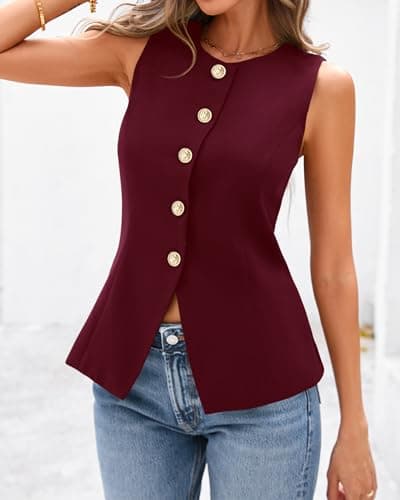 BTFBM Summer Sleeveless Blazer Vest For Women Dressy Button Down Round Neck Business Casual Outfits Work Suit Vests Tops(Burgundy, Large) - Thumbnail 4