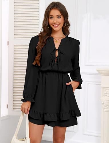 Angashion Women's Tie Front Mini Dress: V Neck Long Sleeve Elastic Waistband Layer Ruffle Hem Dress with Pockets Black Small - Thumbnail 3
