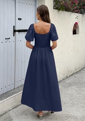 ECOWISH Womens Summer Maxi Dresses: 2026 Casual Flutter Short Sleeve Twist Front Long Flowy Wedding Guest Dress with Pockets 482Navy Blue M - Thumbnail 4