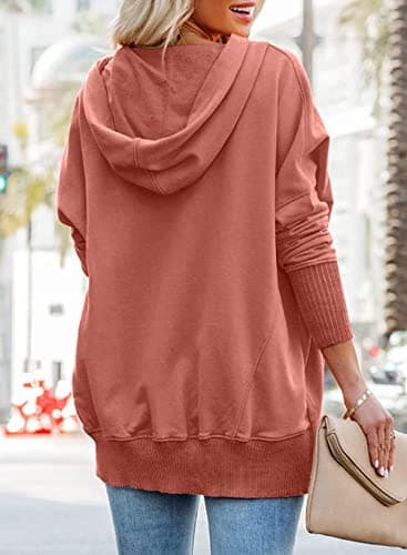 PRETTYGARDEN Womens Long Sleeve Casual Button V Neck Hoodies Oversized Pullover Sweatshirt Loose Hooded Tops with Pockets (Orange Pink,Medium) - Thumbnail 5