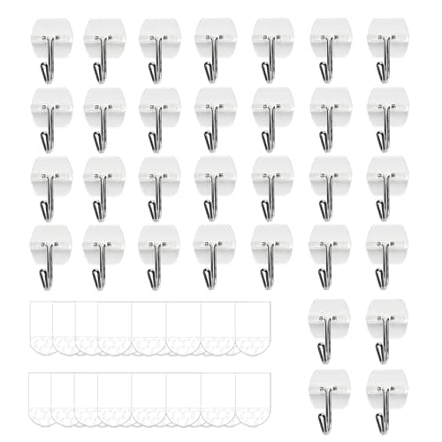 32 Hooks and 40 Strips, Clear Small Wall Hooks for Hanging, Wire Toggle Hooks for Walls No Damage, Utility Hooks Heavy Duty with Adhesive Strips for Hanging Decorations in Living Spaces, No Tools. - Image 1