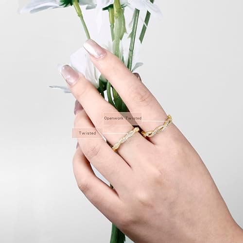 SILVERNANA 0.4ct Twisted Vine Moissanite Wedding Bands for Women, Yellow Gold Plated Sterling Silver Wave Twisted Openwork Eternity Ring Size 9.5 - Thumbnail 5