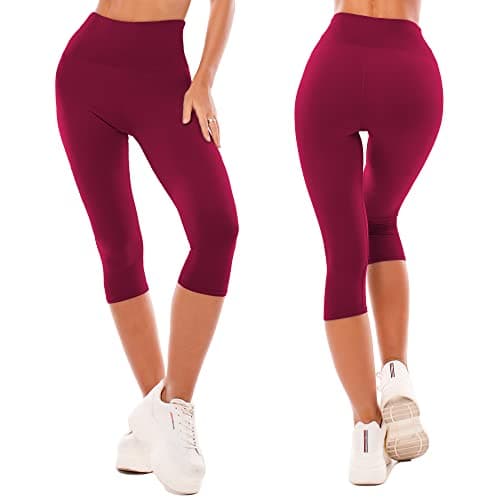 SINOPHANT High Waisted Leggings for Women - Full Length Capri Buttery Soft Yoga Pants for Workout Athletic(Capri Burgundy,S-M) - Thumbnail 2
