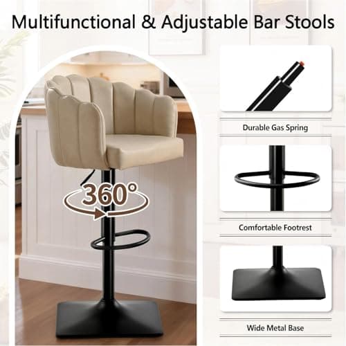 SUPPNEED Swivel Bar Stools Set of 4: 24.8" to 32.7" Height Adjustable PU Upholstered Barstools for Counter Kitchen Island Tall Metal Bar Stool Black & Beige - Thumbnail 5