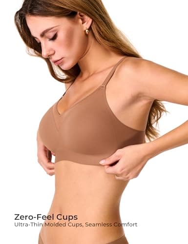 Lehoba Womens Wireless Bras, Push Up Seamless No Underwire Jelly Bra Comfortable Supportive Mesh V Neck Full Coverage Everday Bralette, Chocolate X-Small - Thumbnail 3