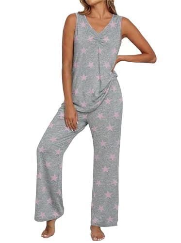 PrinStory Womens Pajama Sets Soft Knit Pjs 2 Piece Sleeveless Pajama Set Summer Lightweight Pj with Pockets Pink Star-XL - Image 1