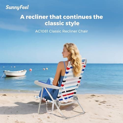 SUNNYFEEL Portable Beach Chair, Folding Low Back Beach Chair, Lightweight Camp Chair with Reclining Position, Backpack Lounger for Beach, Camping, Lawn, Outdoor, Red Blue White Striped, 2 Pack - Thumbnail 3