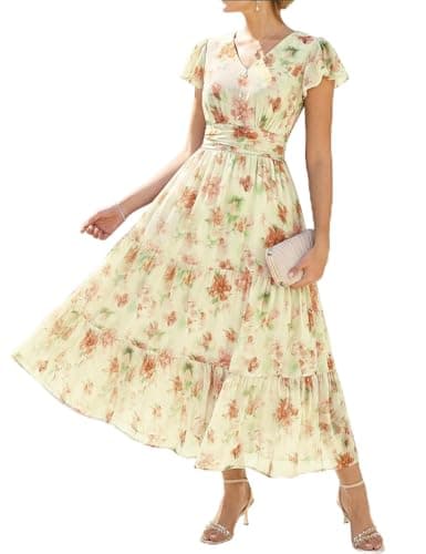 GRACE KARIN Easter Dress,Maxi Floral Dresses,V Neck Wedding Guest Flowy Dress 2026 Rice with Light Orange Flowers XXL - Image 1
