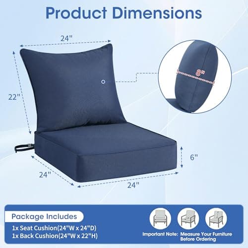 Domvaranique Patio Furniture Cushion Set, 24 x 24 x 6 Extra Thick Deep Seat Outdoor Chair Cushions for Patio Furniture, Olefin Replacement Set, Water Resistant, Removable Cover, Ties and Handle, Blue - Thumbnail 2