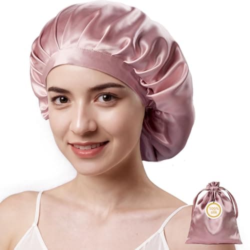 Kaome 100% Mulberry Silk Bonnet for Sleeping Women, 22 Momme Double Layer Silk Hair Wrap, Non-Slip Sleep Cap with Adjustable Elastic Band for Long Curly Hair Care, Comfortable and Breathable, Pink - Image 1