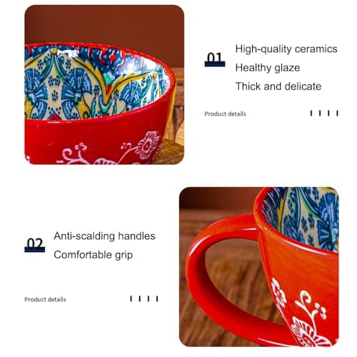 JINNTHE Red Ceramic Mug, Bohemian Hand-Painted, 15 Oz Large Coffee Cup for Milk, Tea, Breakfast, Dishwasher & Microwave Safe Cup - Thumbnail 6