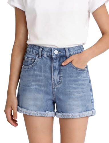 PATPAT Girls Jean Shorts 5-14Y, Cute Mid Waist Straight Leg Denim Shorts with Elastic Waistband & Frayed Cuffed Hem Light Blue 5-6Y - Image 1