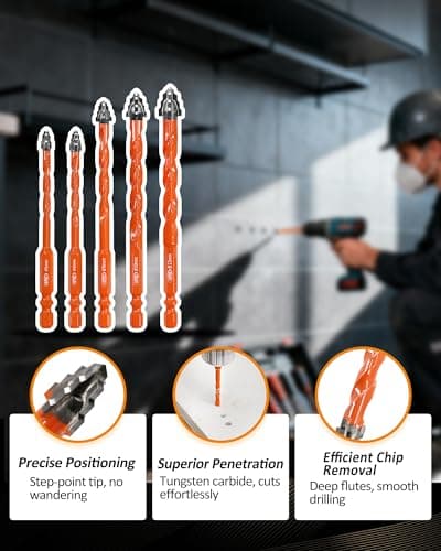 Four Blade Serrated Eccentric Masonry Drill Bit BGTEC - 10PCS 3/16" - 1/2" Carbide Concrete Drill Bits for Masonry/Brick/Concrete/Tile/Glass/Wood/Plastic/Marble - Thumbnail 5