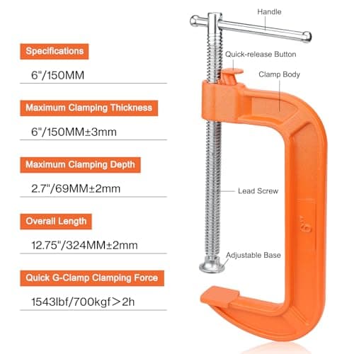 Lytool 6 Inch Quick Release C Clamp, Heavy Duty G Clamp for Woodworking, One-Button Fast Clamp with Fine Adjustment Screw (1 Pack) - Thumbnail 3
