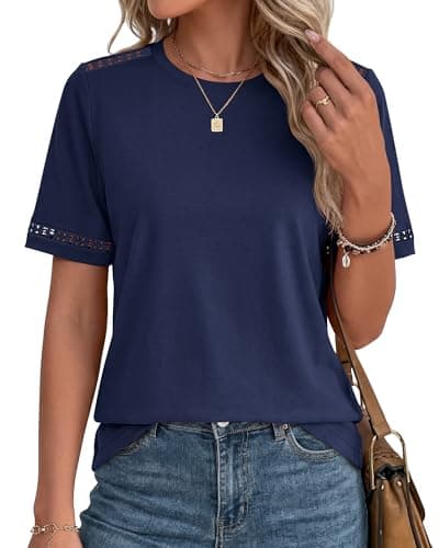 BTFBM Summer Tops for Women Lace Short Sleeve Shirt 2026 Spring Casual Loose Crew Neck Cotton Knit Cute Business Blouses(Navy Blue, Medium) - Thumbnail 3